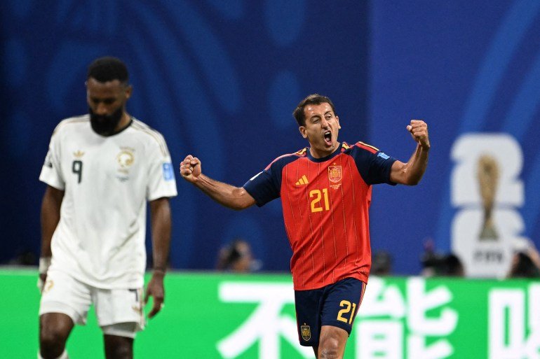 Spain's forward #21 Mikel Oyarzabal celebrates after scoring his team's second goal during the 2026 World Cup Group H football match between Spain and Saudi Arabia at the Atlanta Stadium in Atlanta on June 21, 2026.