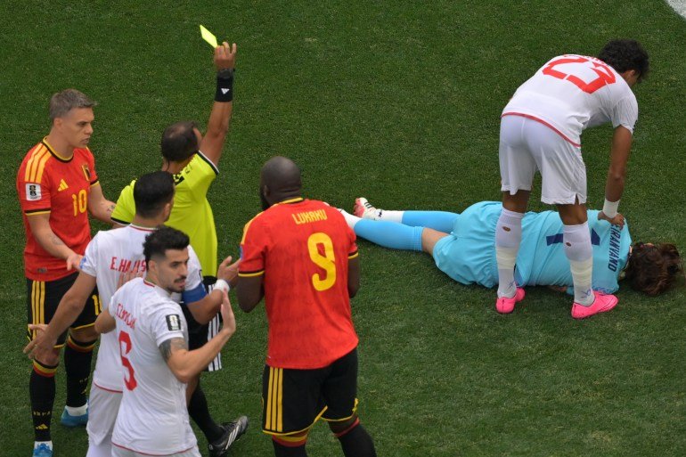 Belgium's Romelu Lukaku (9) receives a yellow card during the World Cup Group G soccer match between Belgium and Iran in Inglewood, Calif., near Los Angeles, Sunday, June 21, 2026. (AP Photo/Jayne Kamin-Oncea)